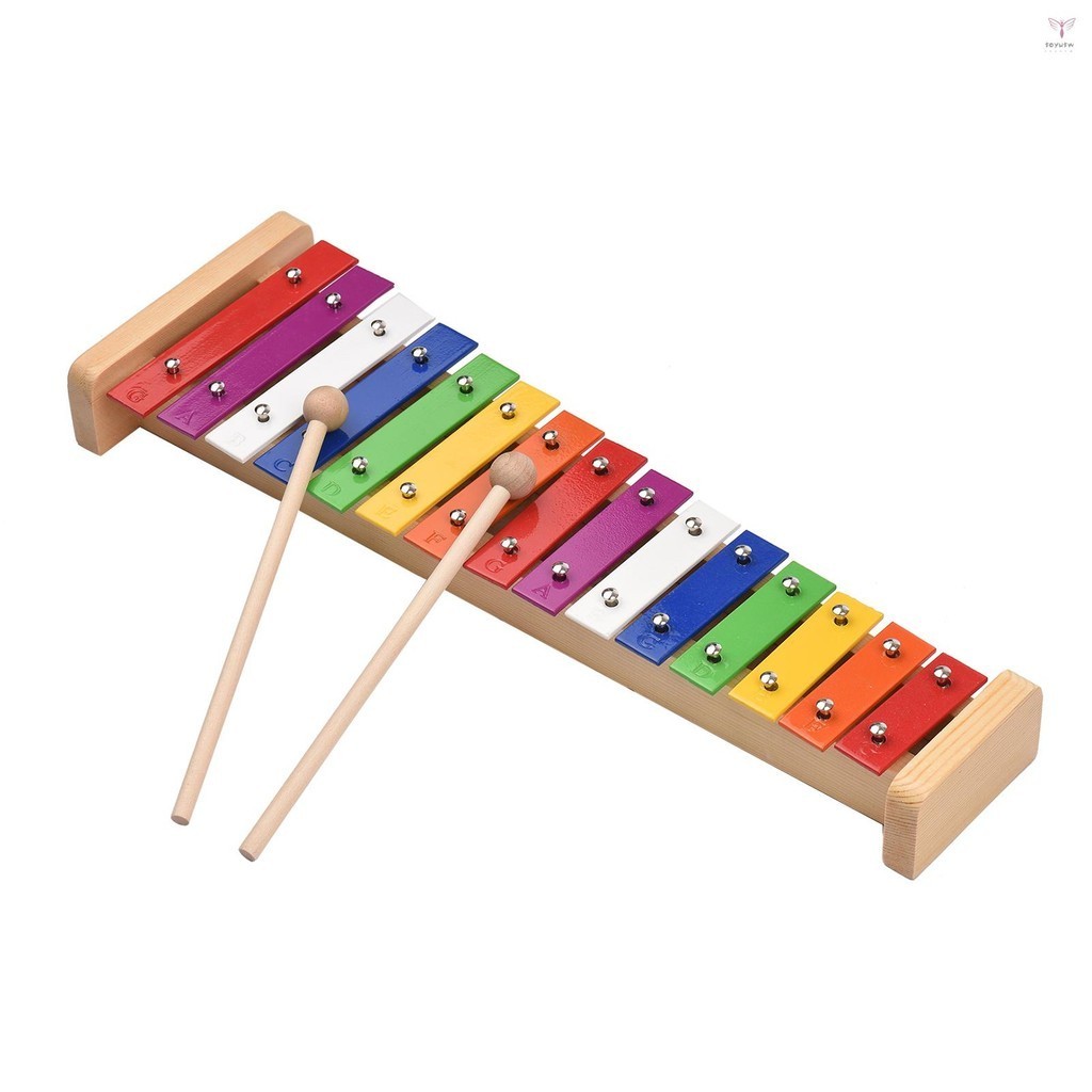 15 音符鍾琴木琴木製底座彩色鋁條帶 2 個木槌教育樂器打擊樂禮物