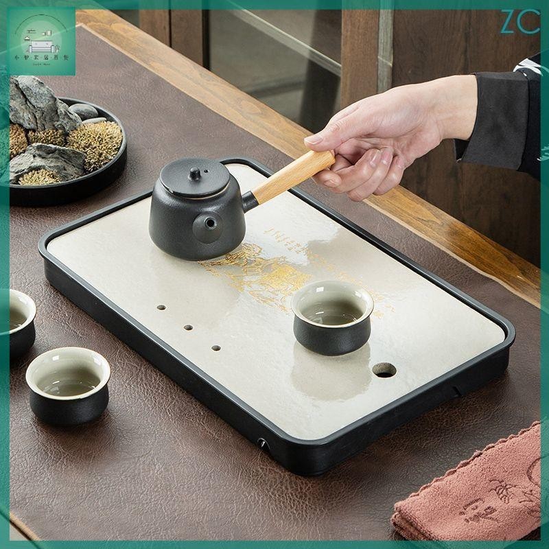 描金儲水式茶盤嵌入鏤空簡約茶盤旅行家用日式茶具泡茶兩用長方形塑膠託盤