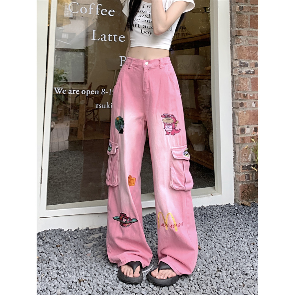 【HOT 本舖】 實拍 美式vibe復古卡通刺繡粉色工裝牛仔褲高街設計感寬鬆直筒褲