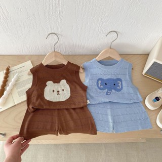 夏季韓版嬰兒針織套裝男女寶寶卡通背心上衣+短褲兩件套
