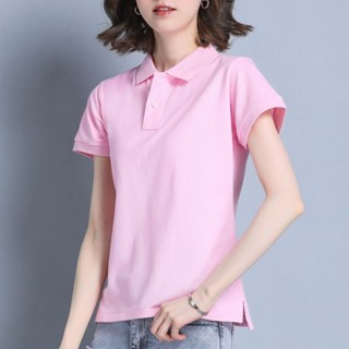 韓版polo衫 女短袖夏季大碼運動上衣純棉有翻領t恤女工作服定製印logo夏季短袖 有領子上衣 夏季短袖「樂購」