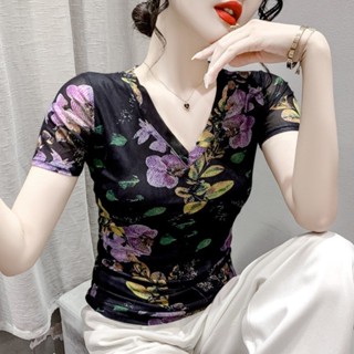 G-bras | 台灣出貨 歐貨2023夏季時尚網紗印花短袖V領T恤緊身顯瘦洋氣套頭上衣小衫潮