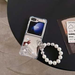 SAMSUNG 三星 Galaxy Z Flip5 電鍍手機殼時尚山茶花鼻鏡帶珍珠鍊手機殼三星 Galaxy Z Fli