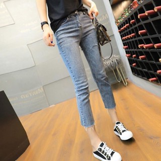 高腰破洞牛仔褲女七分褲夏季薄款直筒寬松顯瘦小個子褲子韓版九分 鬆緊七分褲 涼感七分褲 韓版七分褲 七分短褲「樂購」
