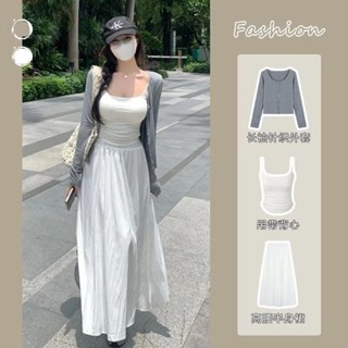 ⭐LOVELY愛出貨⭐早秋穿搭套裝女長袖開衫吊帶背心短款小外套格紋半身裙甜酷三件套東大門款 韓系 韓款 小香風