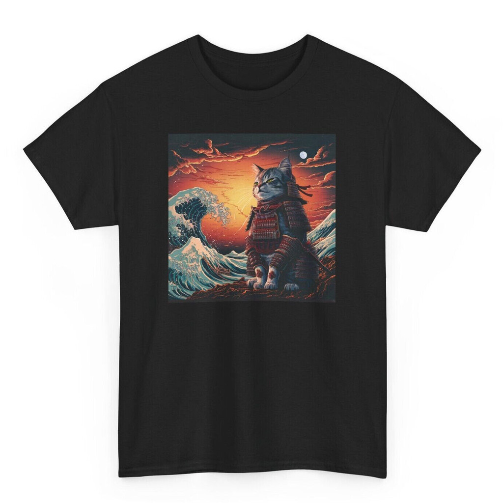 復古武士貓 T 恤 - Novelty Hoki Great Wave 日本圖案 T 恤