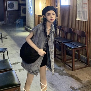 💖臺灣出貨💖 牛仔馬甲外套 2025新款 復古港風寬鬆中長款牛仔衣 水洗工裝無袖薄款牛仔馬甲外套女 春秋外套