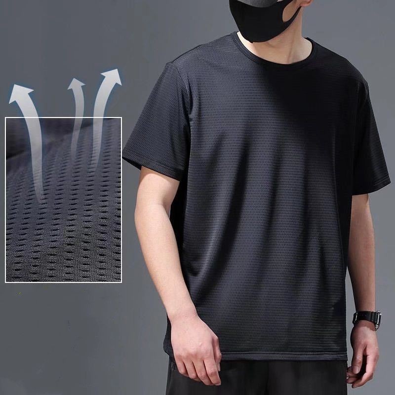 《現貨下單》短袖T-shirt男t恤男夏季休閒男裝網眼速乾運動薄款中青年工作服圓領小b t恤短袖冰絲短袖男
