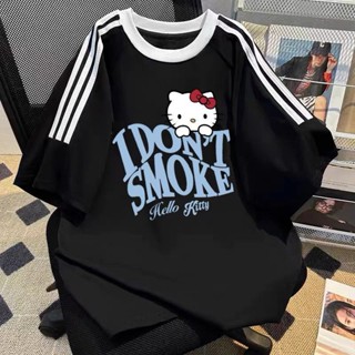 【現貨】200克重磅女童印花三條槓短袖T恤凱蒂貓夏季磅短圓領小眾半袖上衣200g重磅女童印花三條短袖襯衫