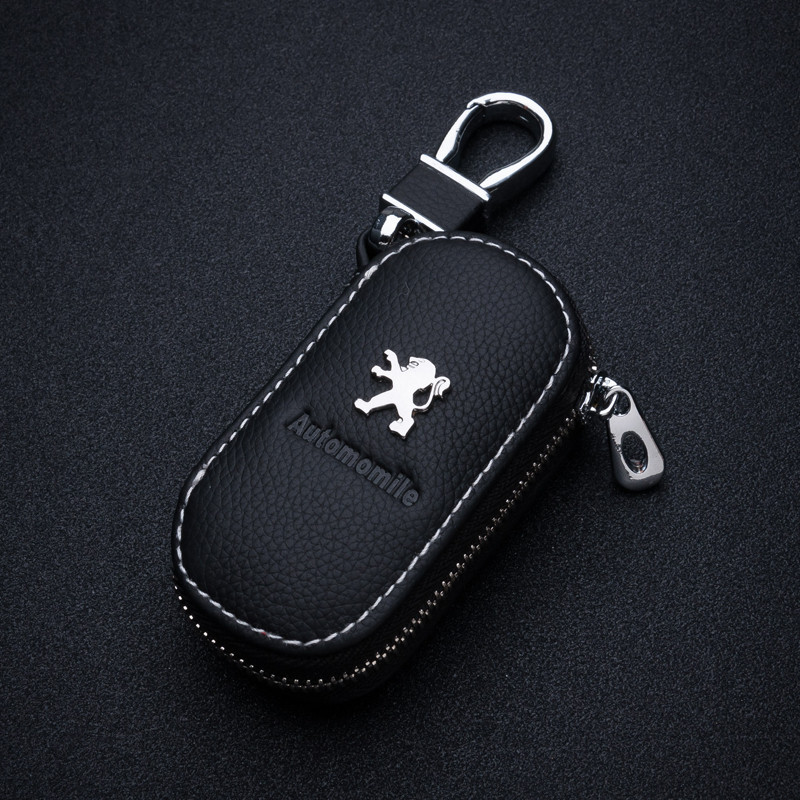 PEUGEOT 汽車標誌鑰匙包黑色 PU 皮革拉鍊手提鑰匙包零錢包適用於標致 206 207 208 306 307