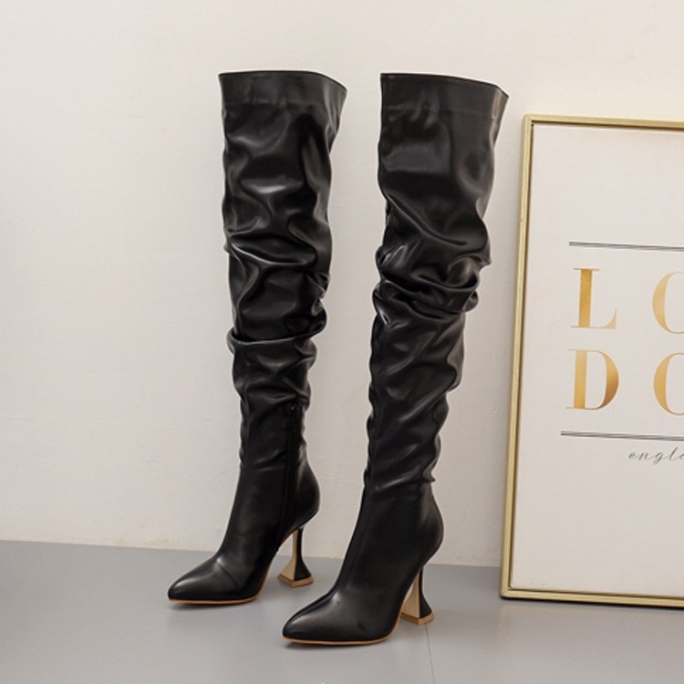 ladies boots長靴女冬季歐美女直筒靴白色褶皺高跟大尺碼過膝長筒靴