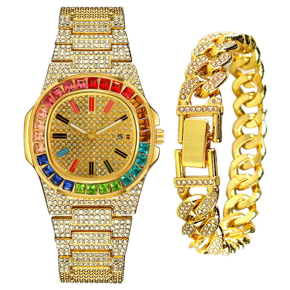 2024滿天星鑲鑽奢華男表歐美時尚嘻哈流行手錶手鍊套裝高檔商務金手錶腕錶