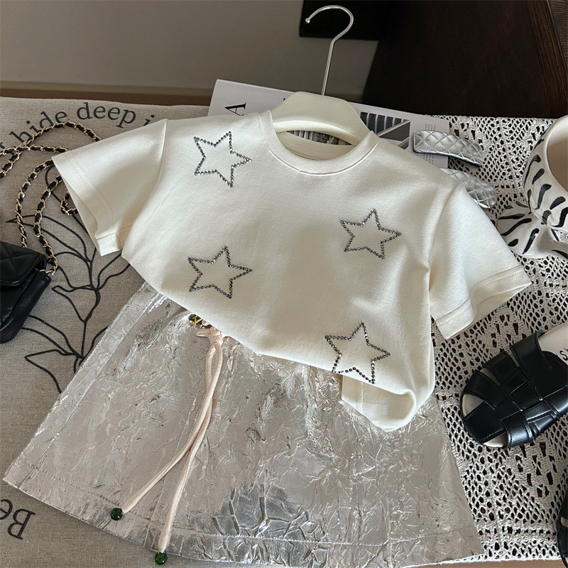 ✨HIKIDS✨韓版女童夏季套裝 2024新款女童星星燙鑽短袖T恤 個性新中式半身裙 洋氣兩件套 潮