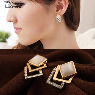 洛陽牡丹 韓版時尚鏤空貓眼石立體方塊氣質耳環 韓國高檔精品耳飾