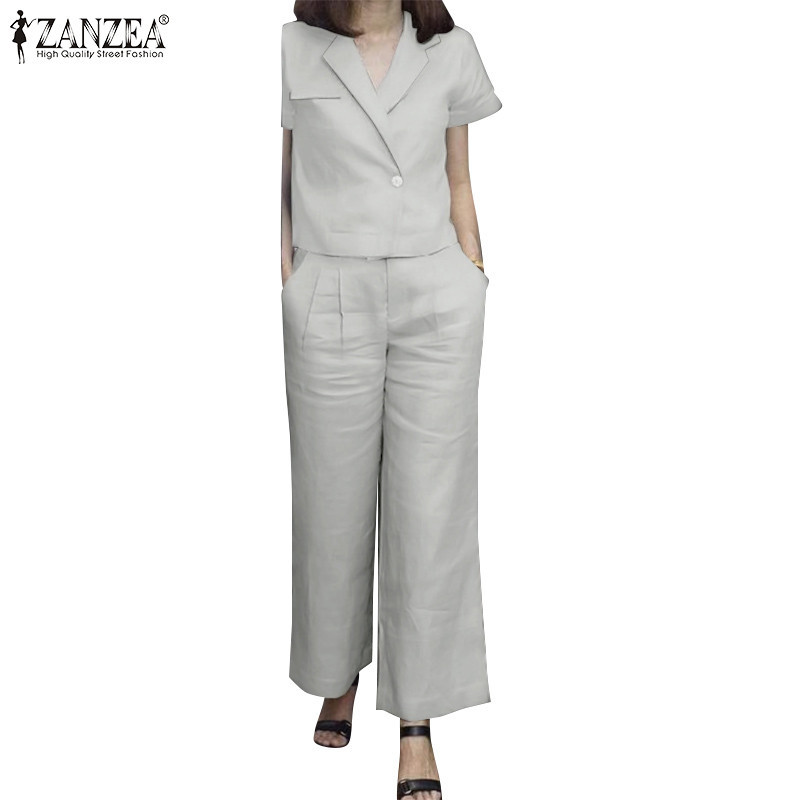Zanzea 女士時尚翻領短袖純色短款西裝外套+褲子套裝