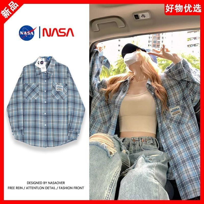 NASA聯名港風chic撞色格子襯衫男女長袖學生韓版寬鬆潮流防晒外套