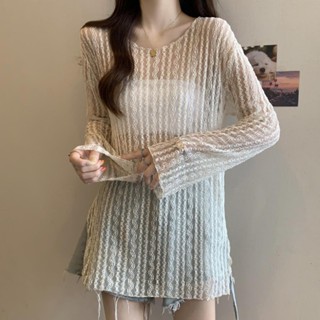 微透防曬罩衫​薄款白色蕾絲鏤空防曬罩衫女夏季大碼胖mm顯瘦設計感開叉辣妹上衣韓版寬鬆開衫防曬上衣 夏日罩衫【PAPA】