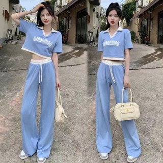 休閒時尚套裝夏季甜辣polo領短袖上衣+垂感長褲時尚兩件套女