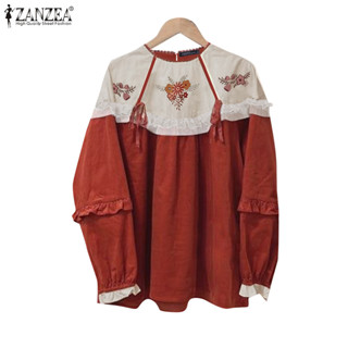 Zanzea 女式韓版休閒圓領長袖蕾絲荷葉邊印花寬鬆上衣