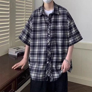 NANS 臺灣現貨 短袖襯衫 夏季格子短袖襯衫男日系復古寬鬆休閒五分袖襯衣美式高街潮牌外套