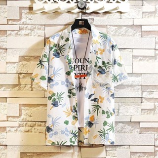 男士寬鬆加大碼夏威夷風格碎花襯衫短袖海灘度假上衣酷衣服男士