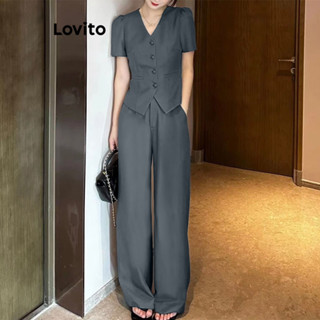 Lovito 女士優雅純色鈕扣假口袋褲套裝 LNE43105