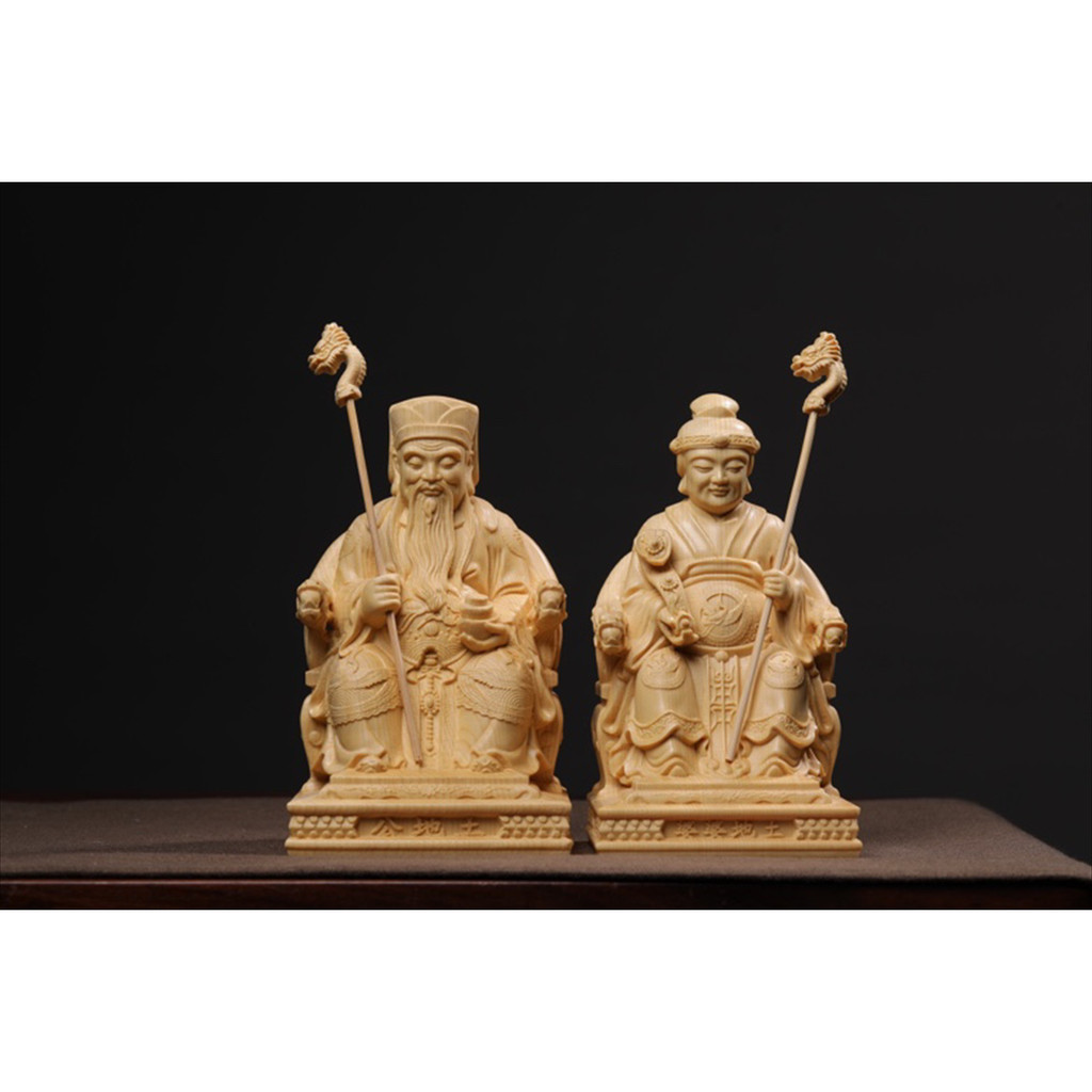 【現貨】檜木雕刻土地公土地婆一對人物神像裝飾擺件實木工藝中式家居擺飾