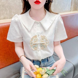 新中式刺繡短袖襯衫女2024夏季娃娃領國風上衣