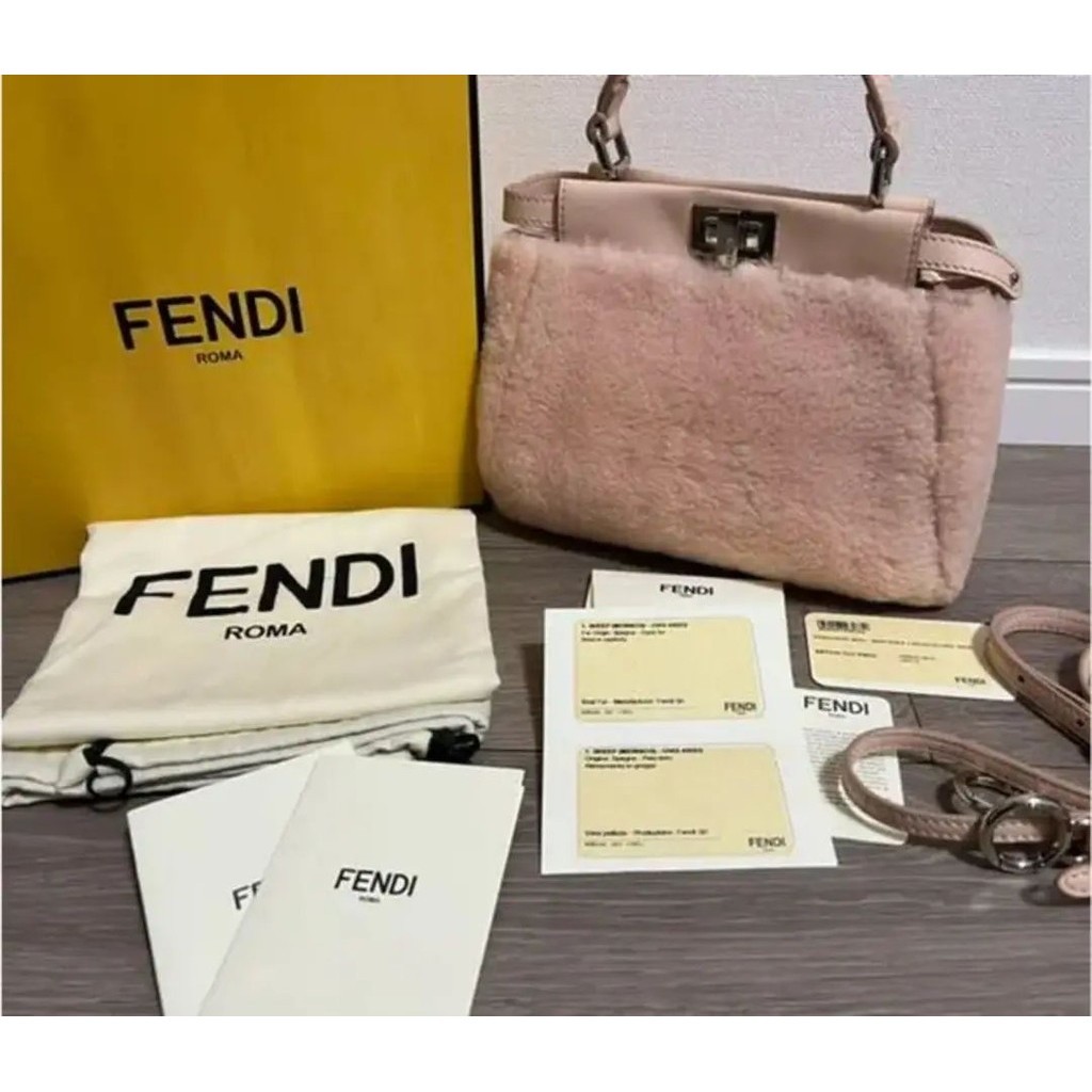 FENDI 芬迪 手提包 Peekaboo 羊毛 粉紅色 皮革 毛皮 迷你 日本直送 二手