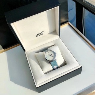 萬寶龍女表寶曦系列118651自動機械瑞士機芯手錶 烤藍柳葉錶針 銀白色天然珍珠貝母錶盤腕錶34毫米