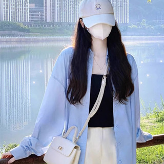【遇見美衣】慵懶風防曬襯衣外套夏款甜美日系上衣春秋季設計感小眾藍色襯衫女