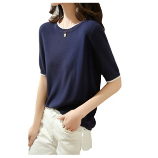 高品質絲光棉短袖T恤女夏季半袖寬松打底衫純棉針織上衣藏藍