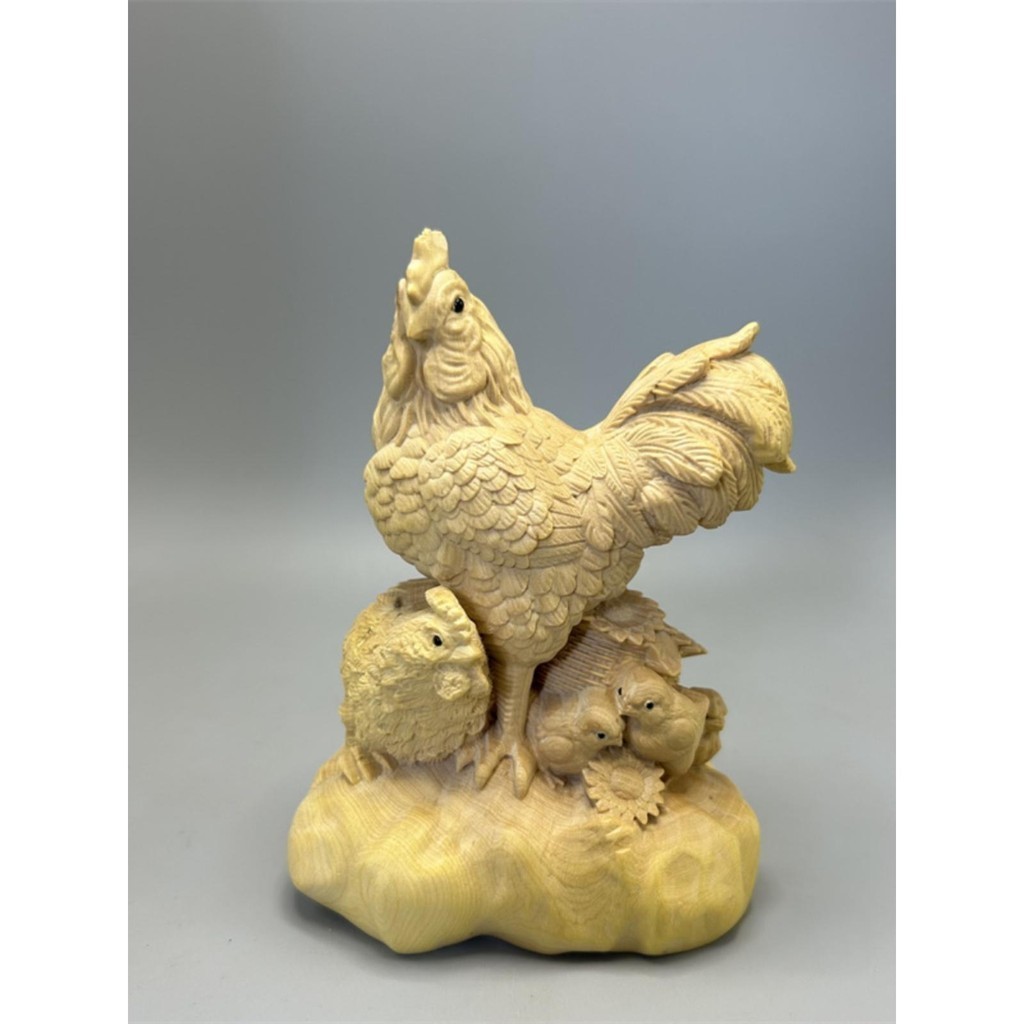小葉黃楊木雕公雞擺件實木雕刻全家福生肖雞吉祥如意電視櫃工藝品