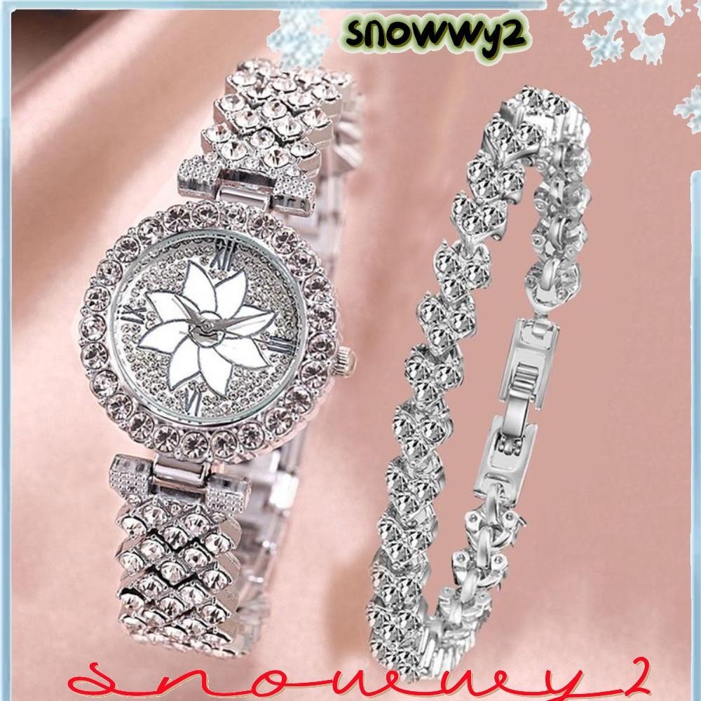 SNOWWY2滿天星手錶,玫瑰金帶手鐲花鑽石手錶,時尚合金金光閃閃石英錶