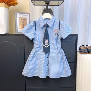 現貨 女童夏季學院風洋裝2024新款兒童Polo領短袖襯衫裙寶寶夏裝裙子 童裝批發