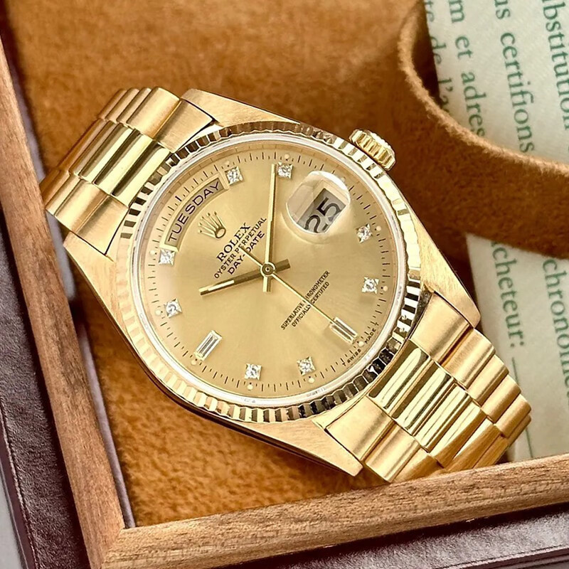 Rolexx Watches 手錶（Rolex）星期日曆型18K黃金後鑲鑽自動機械18238 全金帶腕錶