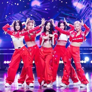 kpop女團演出服韓舞itzy打歌服爵士舞蹈服女紅色嘻哈機車辣妹套裝
