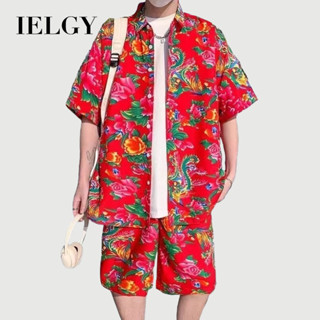 IELGY 大花襯衫半短褲套裝男士夏季薄款短袖襯衫