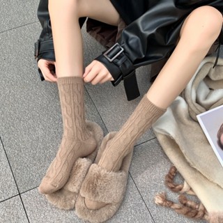 JW❖臺灣出貨❖ 工廠出清 鞦鼕豎條麻花紋羊毛襪子女加厚日係韓國純色羊絨堆堆襪保暖中筒襪