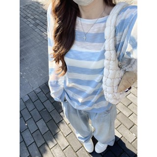 《SSH》女生小衣櫥 條紋防曬 長袖t恤女 春秋薄款 寬鬆顯瘦 鬆弛罩衫 冰絲針織衫 藍色上衣 衣服