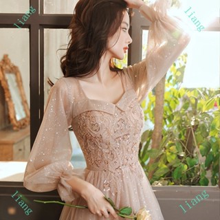 桃園出 特價香檳色大碼胖MM洋裝晚禮服加大尺碼6XL宴會服春酒裙女新款成人禮生日主持人法式長袖宴會結婚新娘晚禮服I