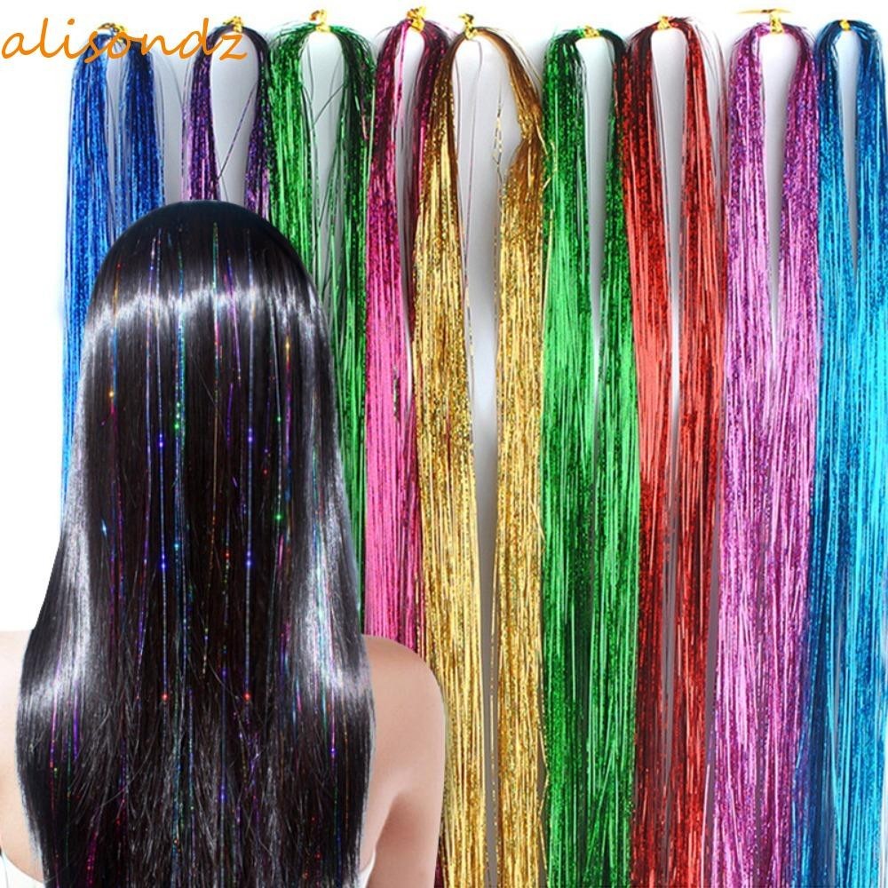ALISOND1金屬絲閃光絲綢假髮合成時尚炫目婦女編織馬尾假彩虹頭髮延伸全息裝飾閃光條