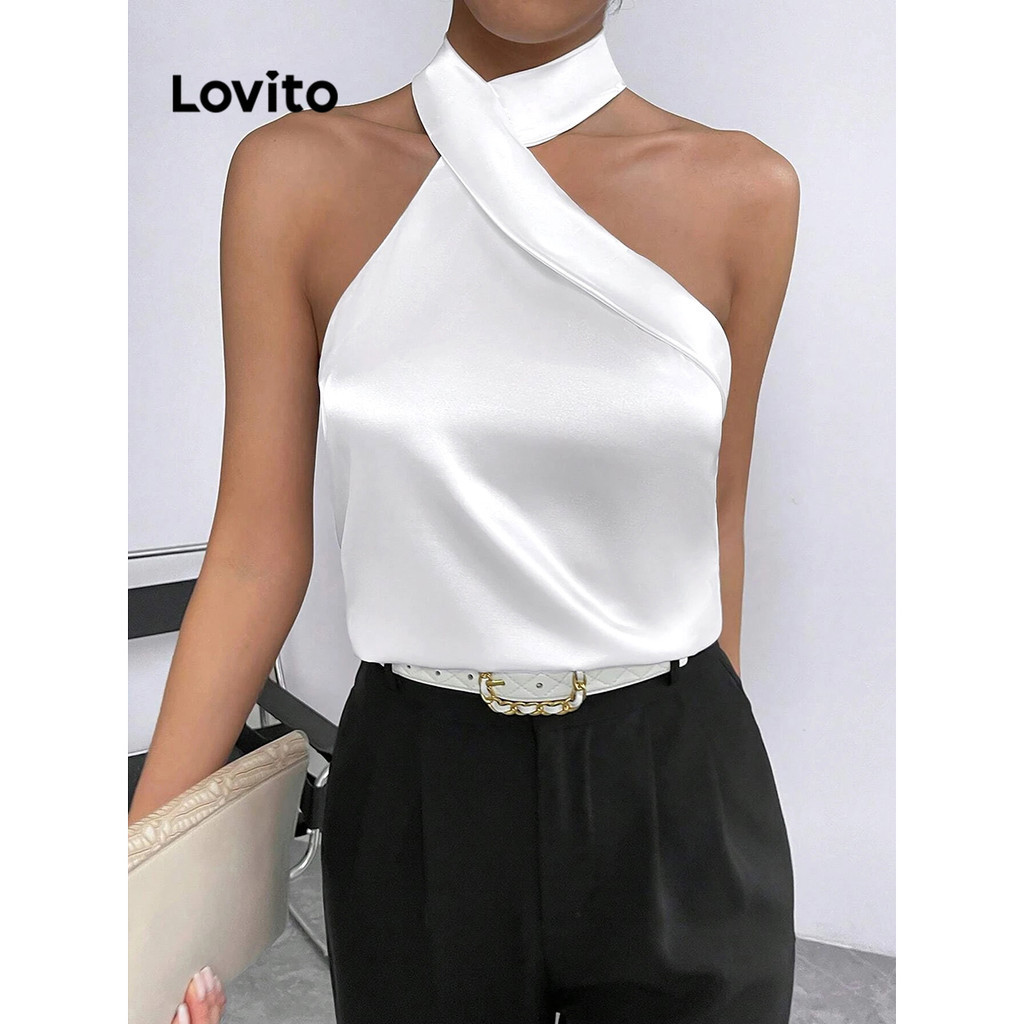 Lovito 女款優雅緞面細肩帶上衣 LBL09010