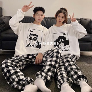[暖暖套裝]情侶法蘭絨睡衣女 卡通廣志美伢珊瑚絨居家服 冬季法蘭絨刷毛加厚男士家居服 睡衣套裝可外穿