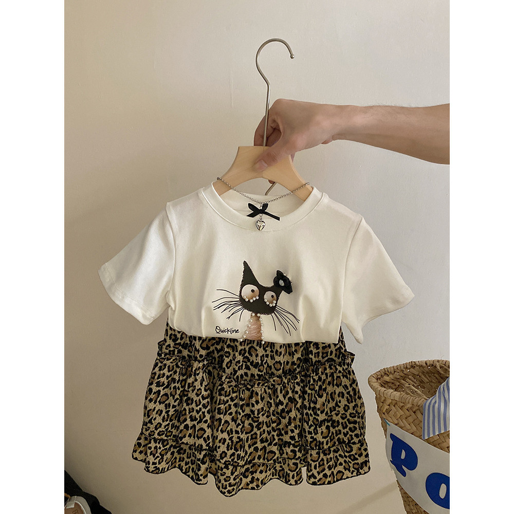 ✨HIKIDS✨女童韓系套裝 珍珠卡通貓咪可愛T恤 豹紋半身裙 洋氣套裝