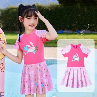 印花卡通兔女童泳衣 日系可愛寶寶兒童連身裙式泳裝