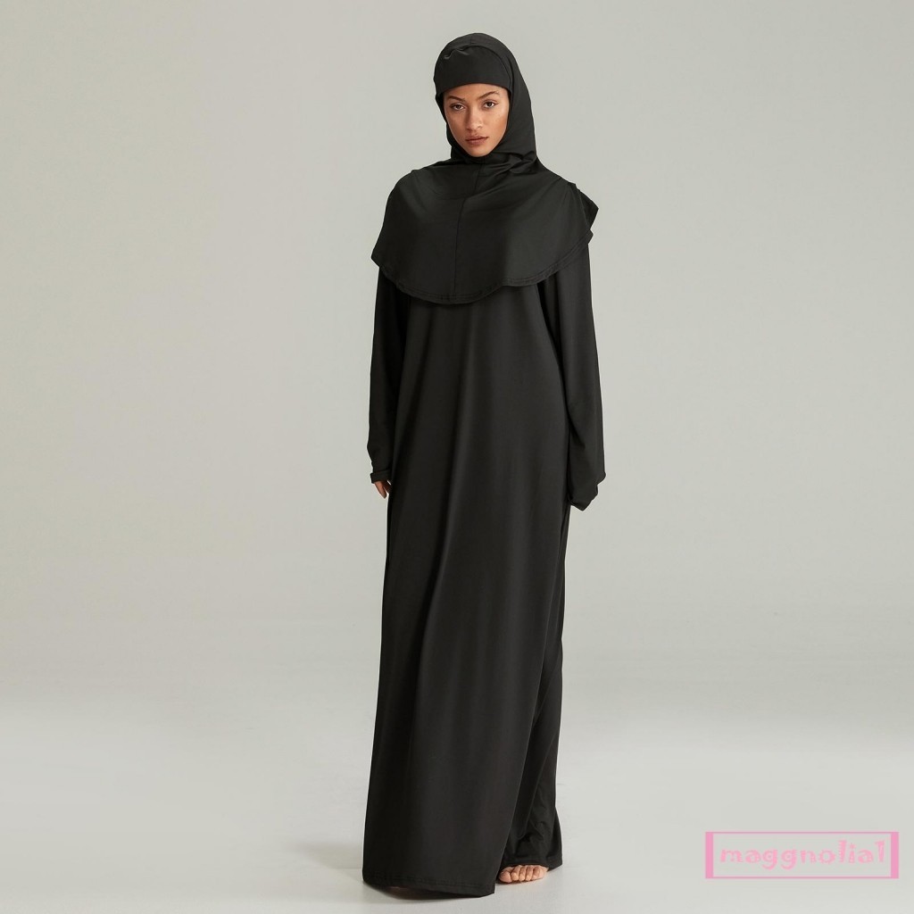 Maggnolia-女士長袍連衣裙帶頭巾優雅純色民族風格長袖伊斯蘭祈禱連衣裙長袍穆斯林服裝
