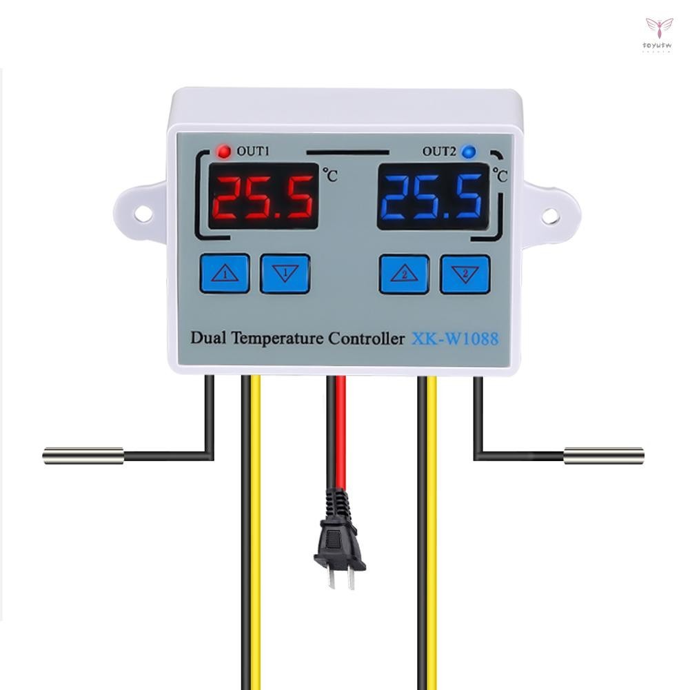 1110-220v 數字雙溫度控制器 LED 攝氏度恆溫調節器加熱冷卻溫度控制,帶防水探頭,用於冷卻器加熱器水族館