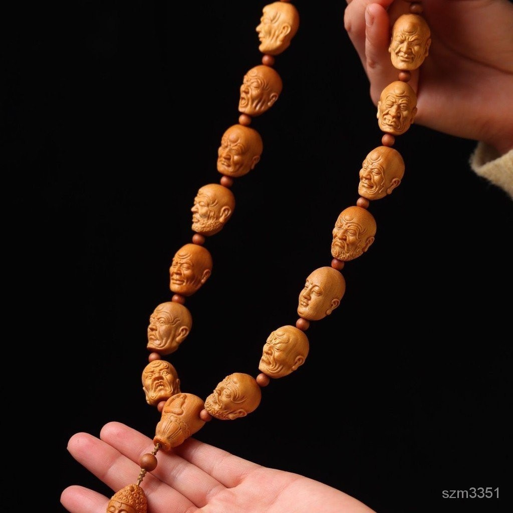【收藏品】芭比檀香十八羅漢雕刻手持珠手串吊飾20mm佛珠18羅漢念珠盤玩文玩