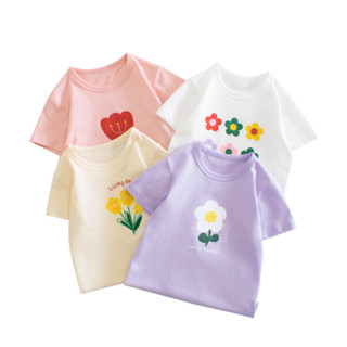 90-140CM 童裝兒童短袖t恤女童夏裝 寶寶衣服花朵印花上衣